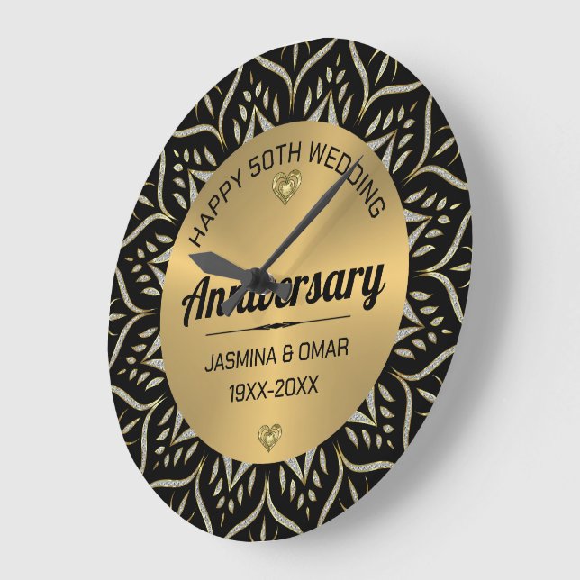 50th Wedding Anniversary Gold & Diamonds Large Clock (Angle)