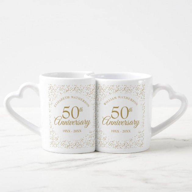 Golden Pair of 50th Wedding Anniversary Fine Bone China Mugs 