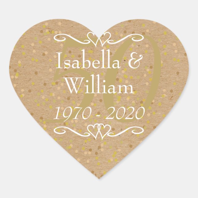 50th Wedding Anniversary Gold Dust Confetti Heart Sticker (Front)