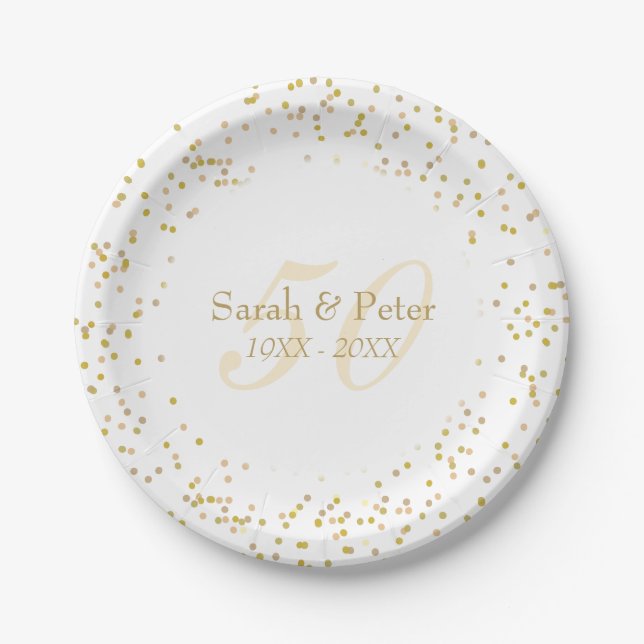 50th Wedding Anniversary Gold Dust Confetti Paper Plates (Front)