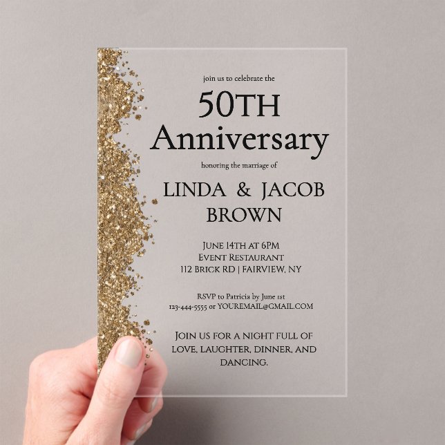 50th Wedding Anniversary Gold Faux Glitter  Acrylic Invitations (Insitu (Handheld))