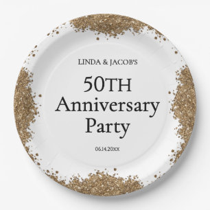 50th Wedding Anniversary Gold Faux Glitter  Paper Plates
