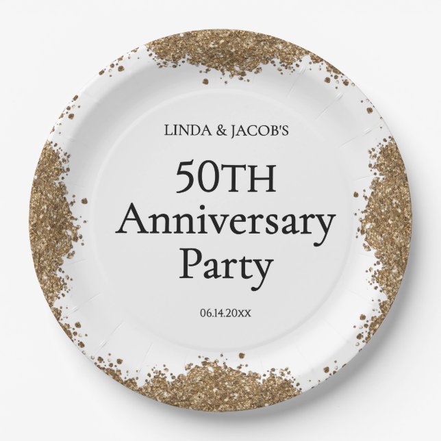 50th Wedding Anniversary Gold Faux Glitter  Paper Plates (Front)