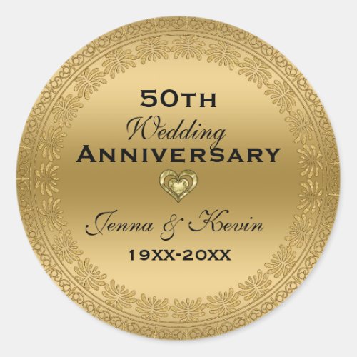 50th Wedding Anniversary Gold Floral Circle Classic Round Sticker