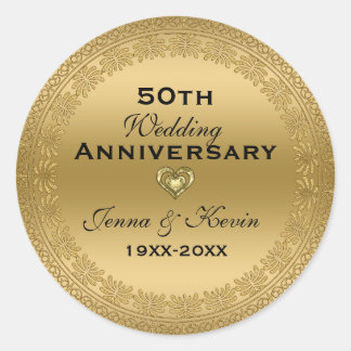 50th Wedding Anniversary Gold Floral Circle Classic Round Sticker