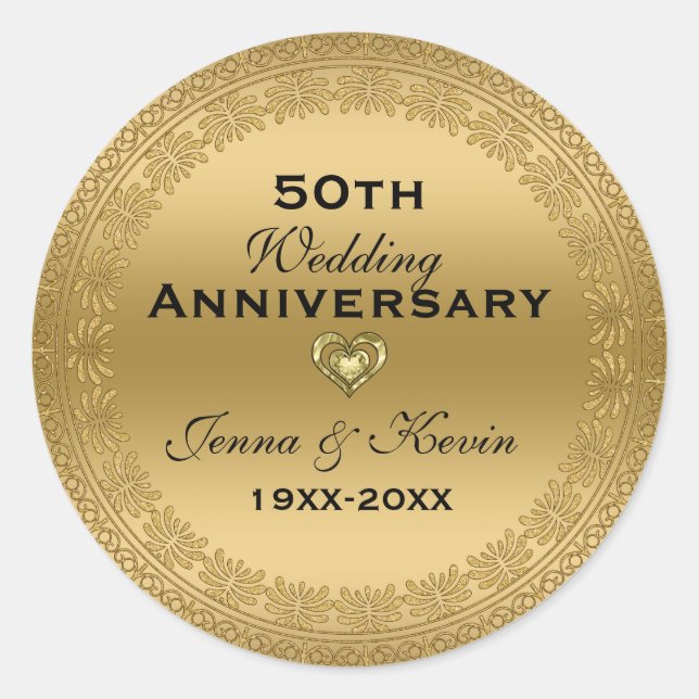 50th Wedding Anniversary Gold Floral Circle Classic Round Sticker (Front)