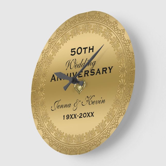 50th Wedding Anniversary Gold Floral Circle Large Clock (Angle)