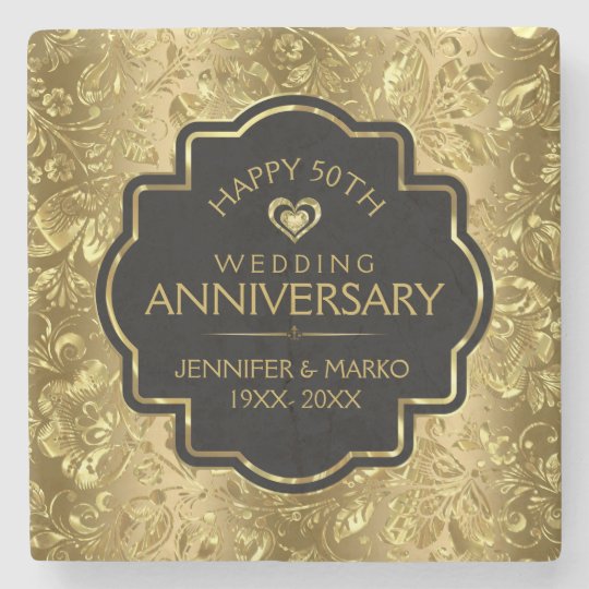 50th Wedding Anniversary & Gold Floral Damasks Stone Coaster | Zazzle.com