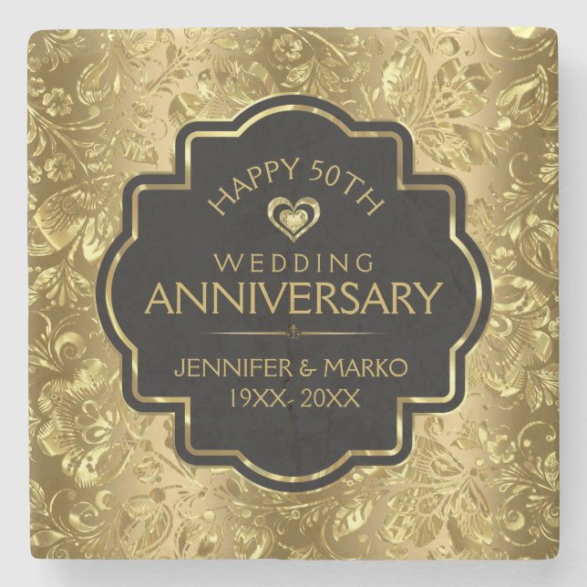 50th Wedding Anniversary & Gold Floral Damasks Stone Coaster (Front)