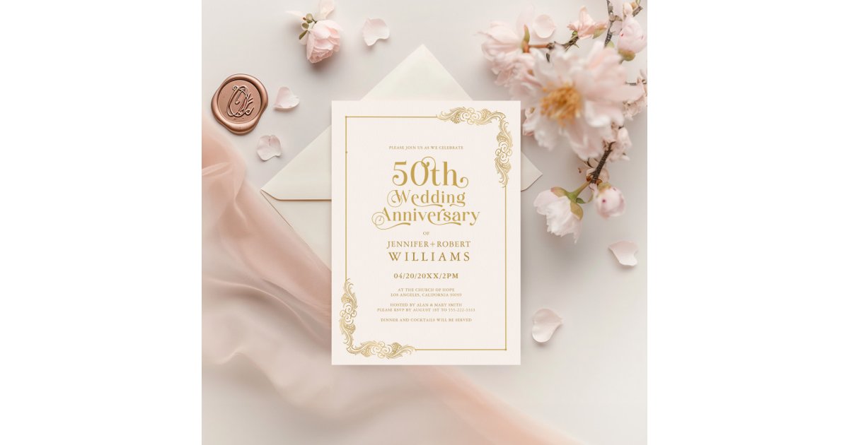 50th Wedding Anniversary Gold Floral Frame Invitation | Zazzle