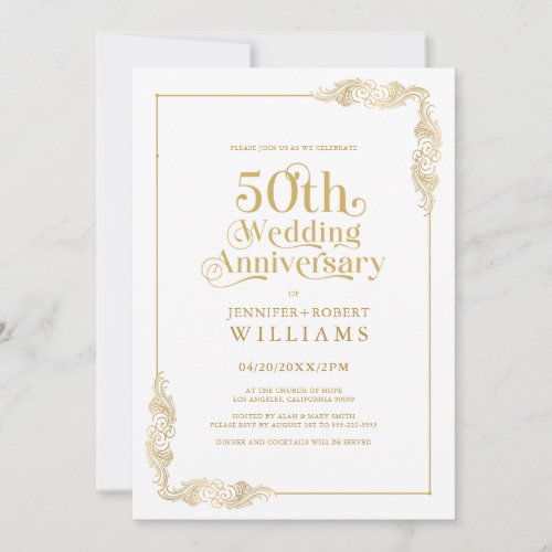 50th Wedding Anniversary Gold Floral Frame Invitation