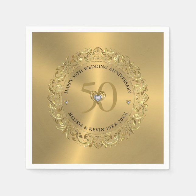 50th Wedding Anniversary Gold Floral Frame Napkins (Front)