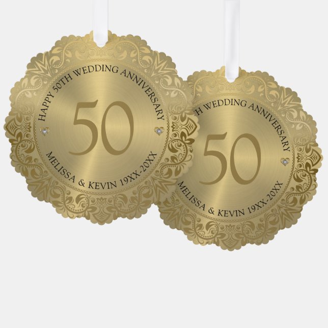 50th Wedding Anniversary Gold Floral Frame Ornament Card (Front/Back)