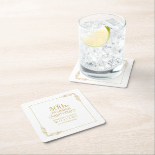 50th Wedding Anniversary Gold Floral Frame Square Paper Coaster