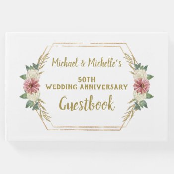 50th Wedding Anniversary Gold Floral Guest Book by MaggieMart at Zazzle