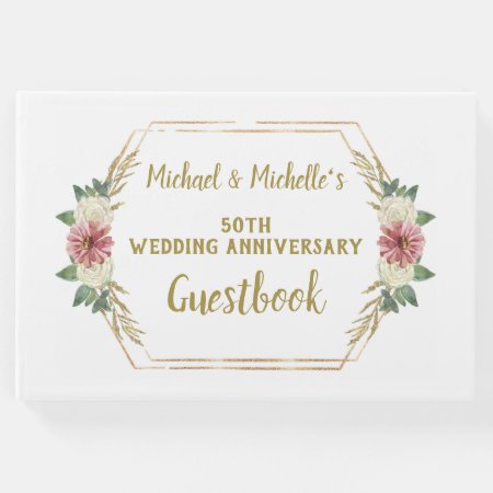 50th Wedding Anniversary Gold Floral Guest Book