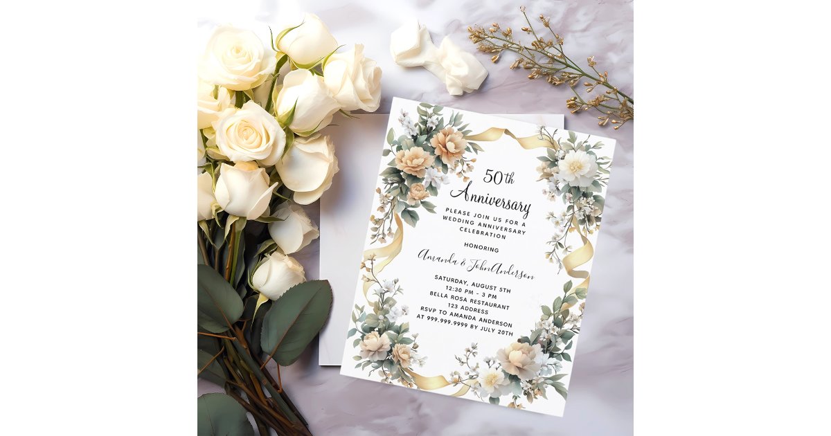 50th wedding anniversary gold floral invitation | Zazzle