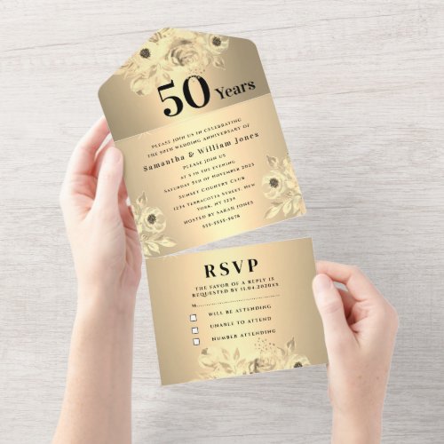 50th Wedding Anniversary Gold Floral Modern All In One Invitation