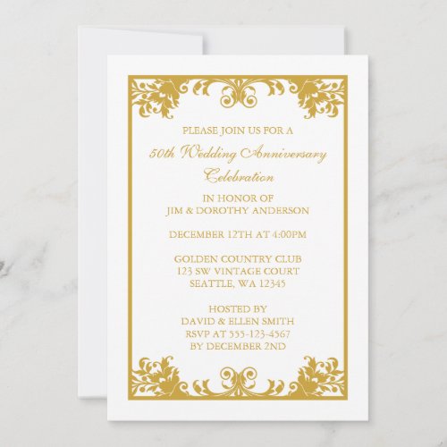 50th Wedding Anniversary Gold Flourish Scroll Invites