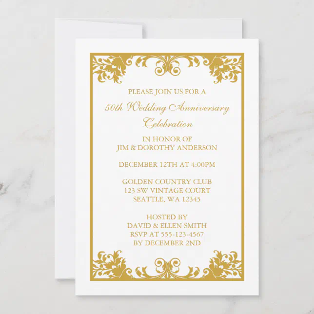 50th Wedding Anniversary Gold Flourish Scroll Invitation | Zazzle