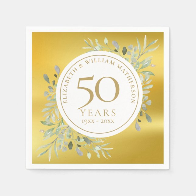 50th Wedding Anniversary Gold Foil Greenery Napkins (Front)
