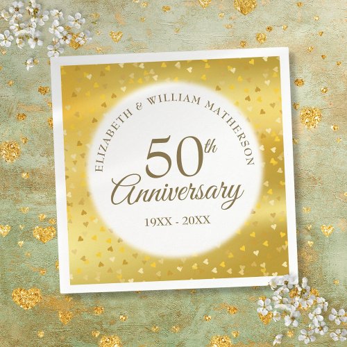 50th Wedding Anniversary Gold Foil Hearts Confetti Napkins