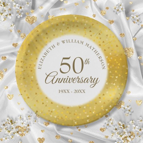 50th Wedding Anniversary Gold Foil Hearts Confetti Paper Plates