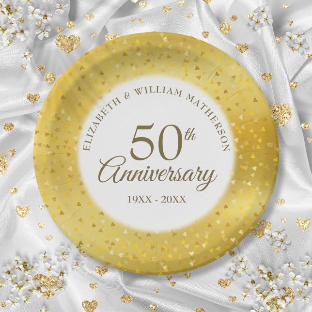 50th Wedding Anniversary Gold Foil Hearts Confetti Paper Plates (50th Wedding Anniversary Gold Foil Hearts Confetti Paper Plates)