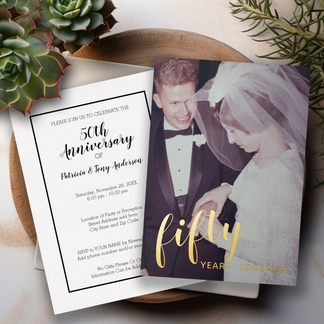 50th Wedding Anniversary Gold Foil & Photo Invitation (Wedding Anniversary Invitation)