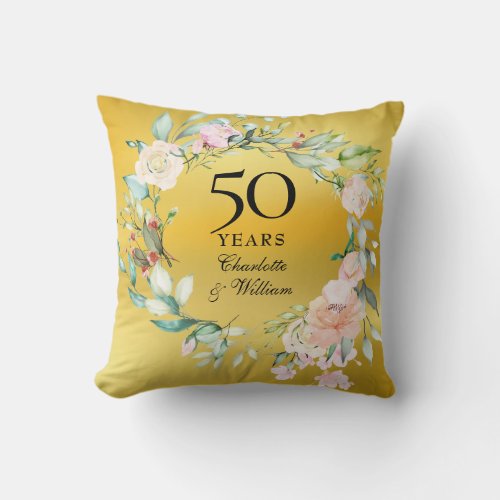 50th Wedding Anniversary Gold Foil Roses Garland Throw Pillow