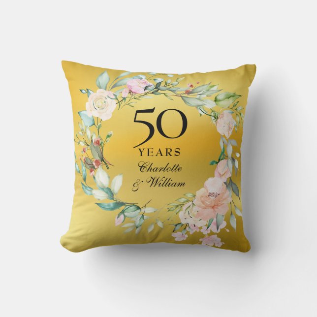 50th Wedding Anniversary Gold Foil Roses Garland Throw Pillow (Front)