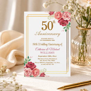 50th Wedding Anniversary Gold Frame Floral Invitation