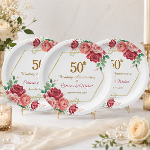 50th Wedding Anniversary Gold Frame Floral Paper Plates