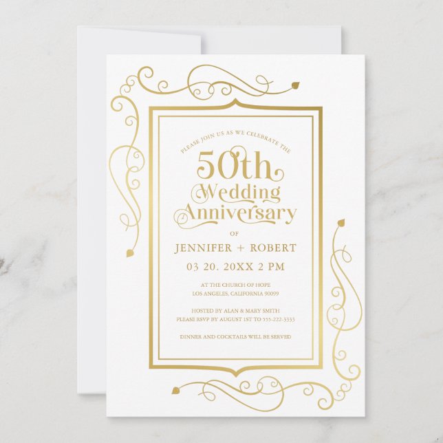 50th Wedding Anniversary Gold Frame Invitation (Front)