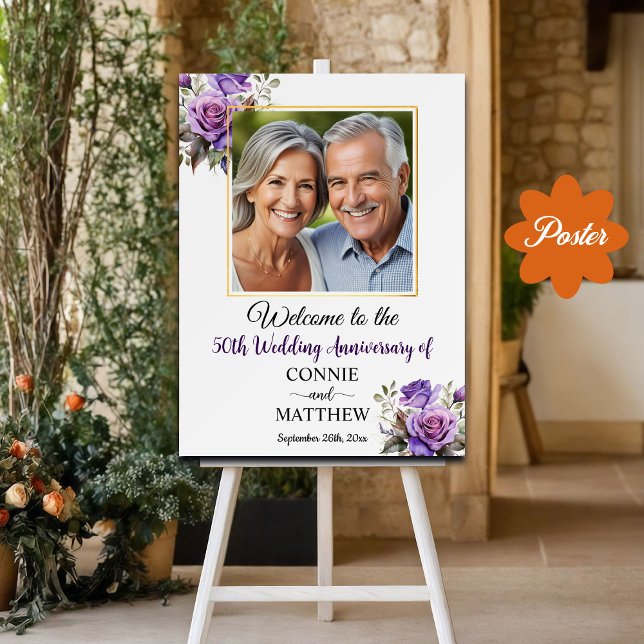 50th Wedding Anniversary Gold Frame Purple Roses Poster (Creator Uploaded)