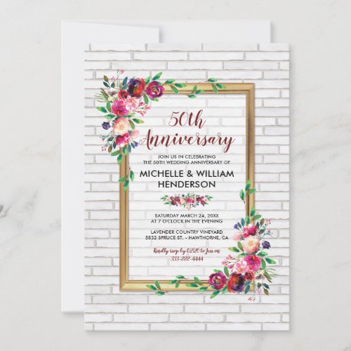 50th Wedding Anniversary Gold Frame Rustic Floral Invitation