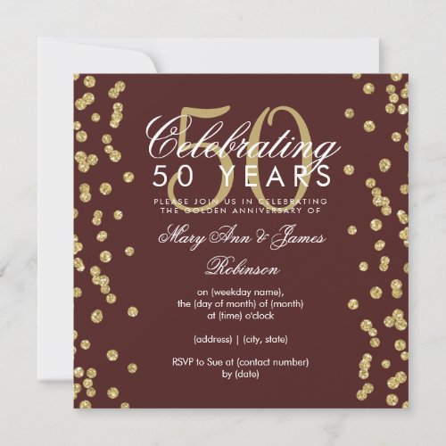 50th Wedding Anniversary Gold Glitter Burgundy  Invitation