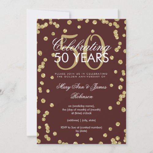50th Wedding Anniversary Gold Glitter Burgundy  Invitation