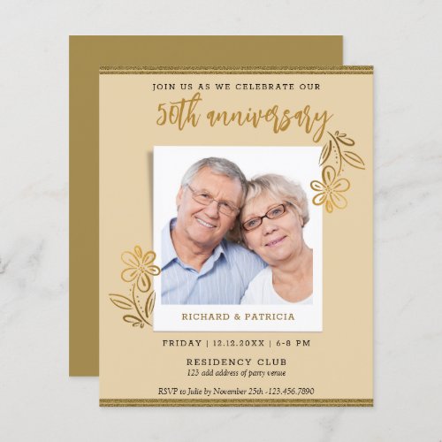 50th Wedding Anniversary Gold Glitter Floral Photo