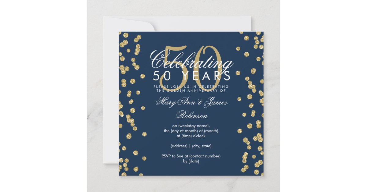 50th Wedding Anniversary Gold Glitter Navy Blue Invitation | Zazzle
