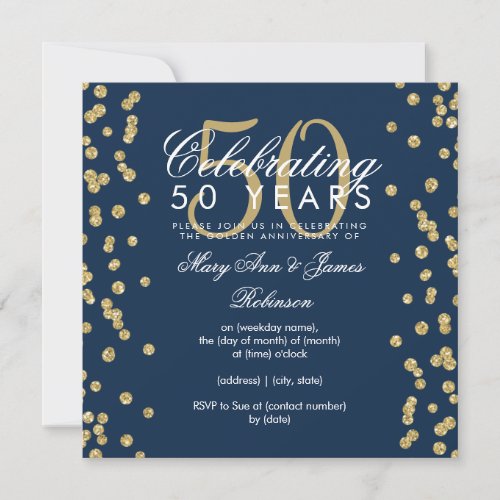 50th Wedding Anniversary Gold Glitter Navy Blue Invitation