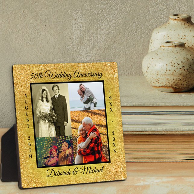 50th Wedding Anniversary Gold Glitter Photo Plaque (Creator Uploaded)