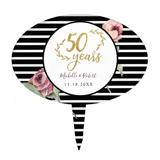 50th Wedding Anniversary gold glitter red roses  Cake Topper (Front)