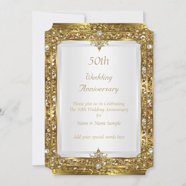50th Wedding Anniversary Gold Glitter White Pearl Invitation (Front)