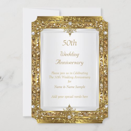 50th Wedding Anniversary Gold Glitter White Pearl Invitation