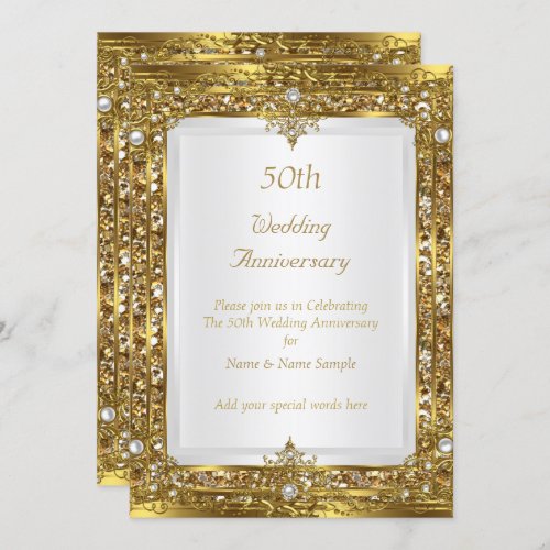 50th Wedding Anniversary Gold Glitter White Pearl Invitation