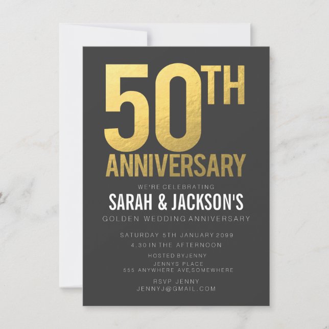 50th Wedding Anniversary Gold Gray Party Invitation (Front)