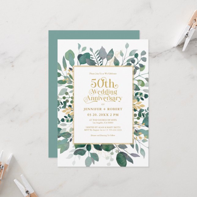 50th Wedding Anniversary Gold Greenery Frame Invitation (Front/Back In Situ)