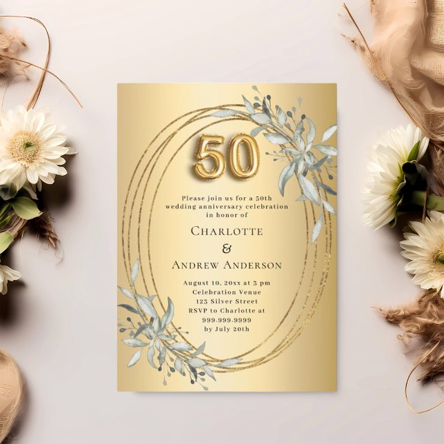 50th wedding anniversary gold greenery invitation (Creator Uploaded)