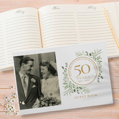 50th Wedding Anniversary Gold Greenery Photo Guest Book